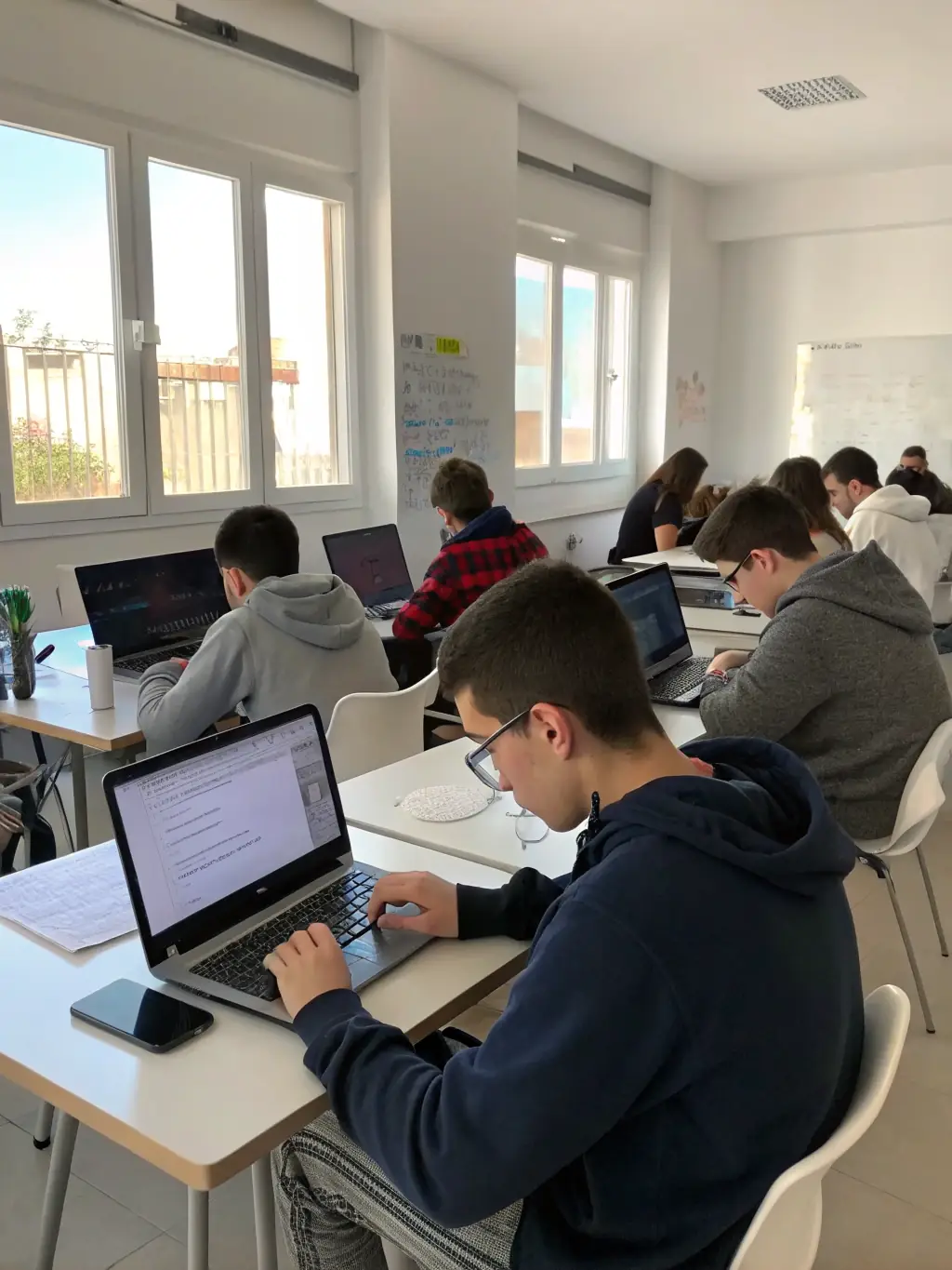 A classroom scene showing students working on laptops with code on screens, highlighting hands-on learning for the Web Development Bootcamp.