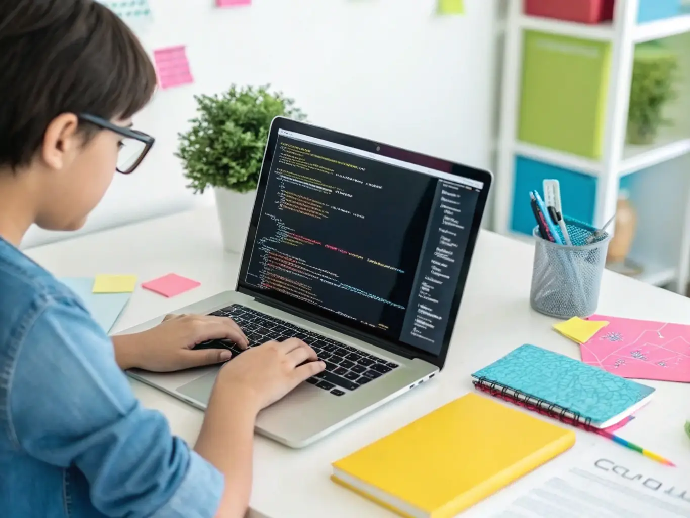 A focused student intently coding on a laptop, surrounded by learning materials, during a web development module at Codecamp UK.