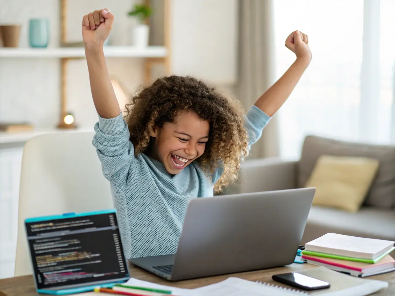 A student successfully completing a coding challenge, with a celebratory expression and supportive classmates around, emphasizing the sense of accomplishment and community within the bootcamps.