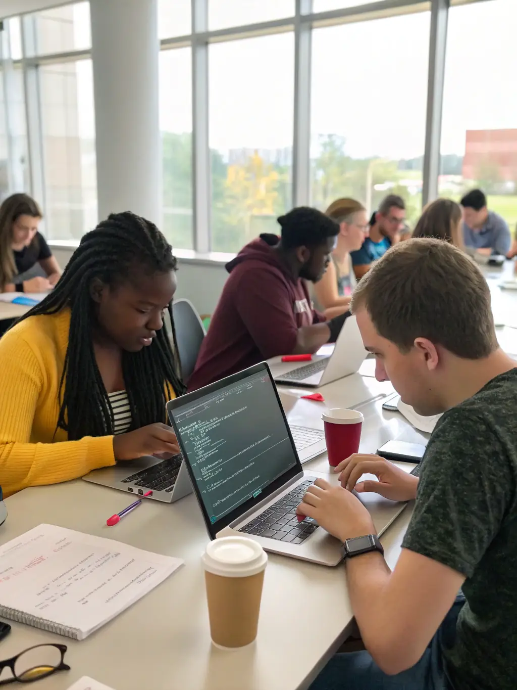 A group of diverse students collaborating on a coding project, showcasing teamwork and problem-solving skills.