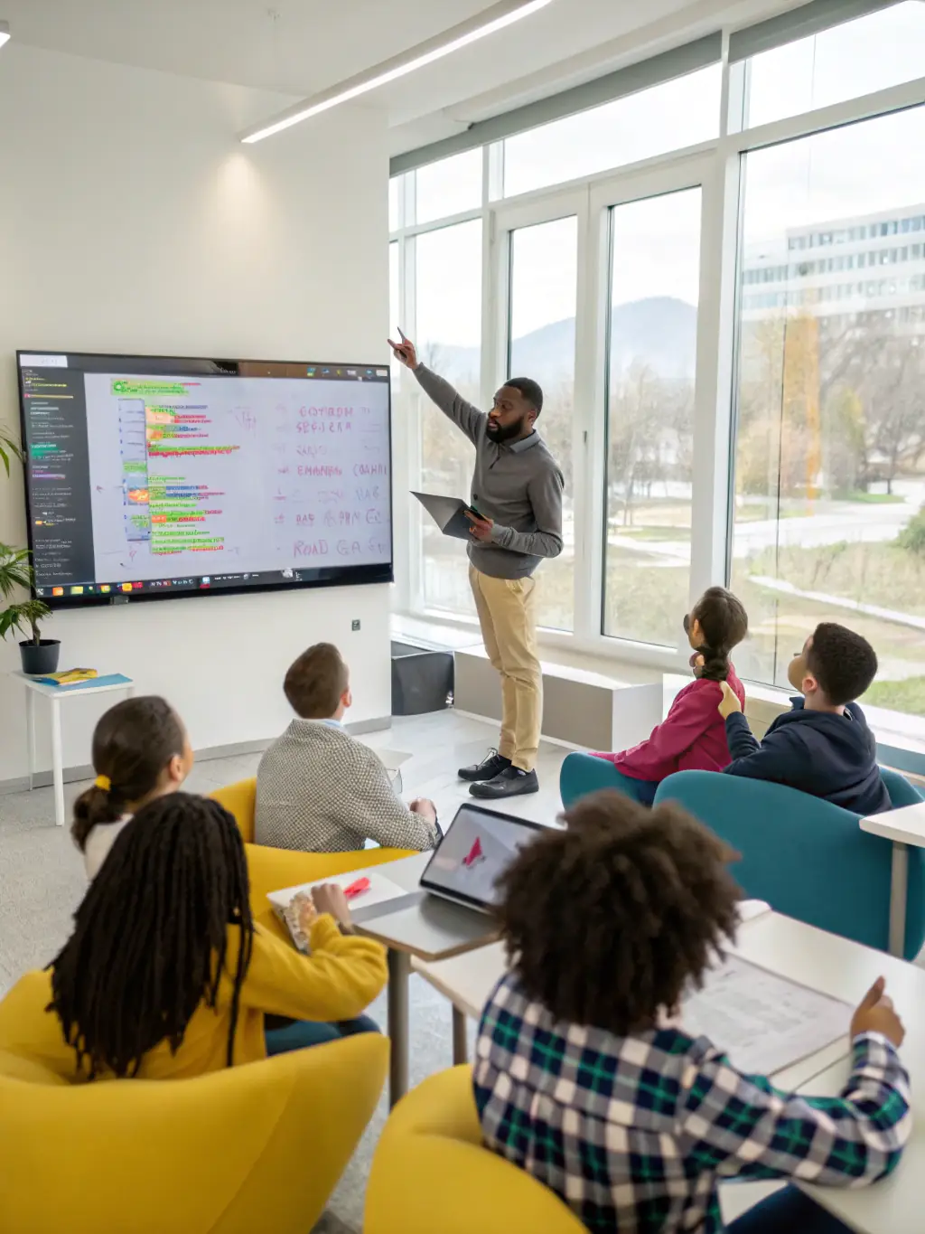An instructor explaining code on a whiteboard with students engaged in coding exercises during the Software Engineering Bootcamp.