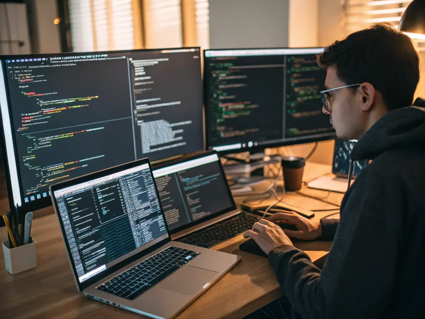 A software engineer working on complex code, with multiple monitors displaying code and debugging tools, highlighting the problem-solving and analytical skills required in software engineering.