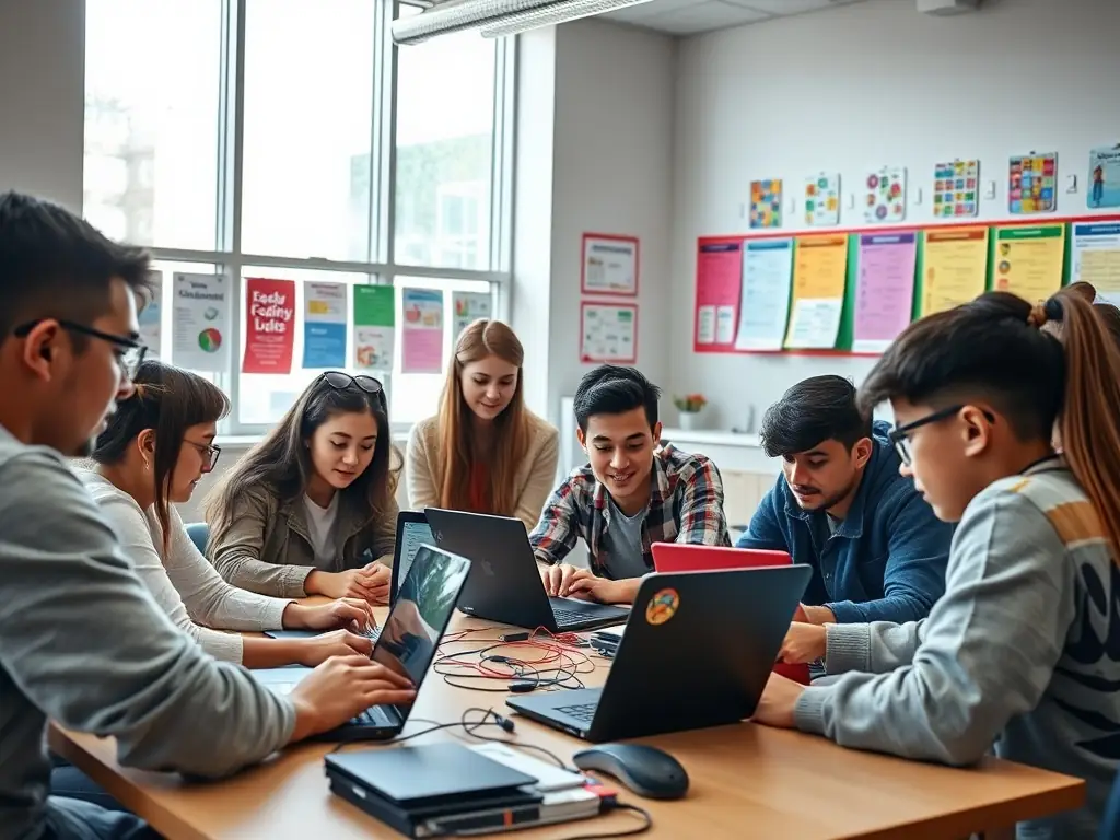 A diverse group of students collaborating on a coding project in a modern classroom setting, with laptops and whiteboards visible, reflecting a dynamic and interactive learning environment.