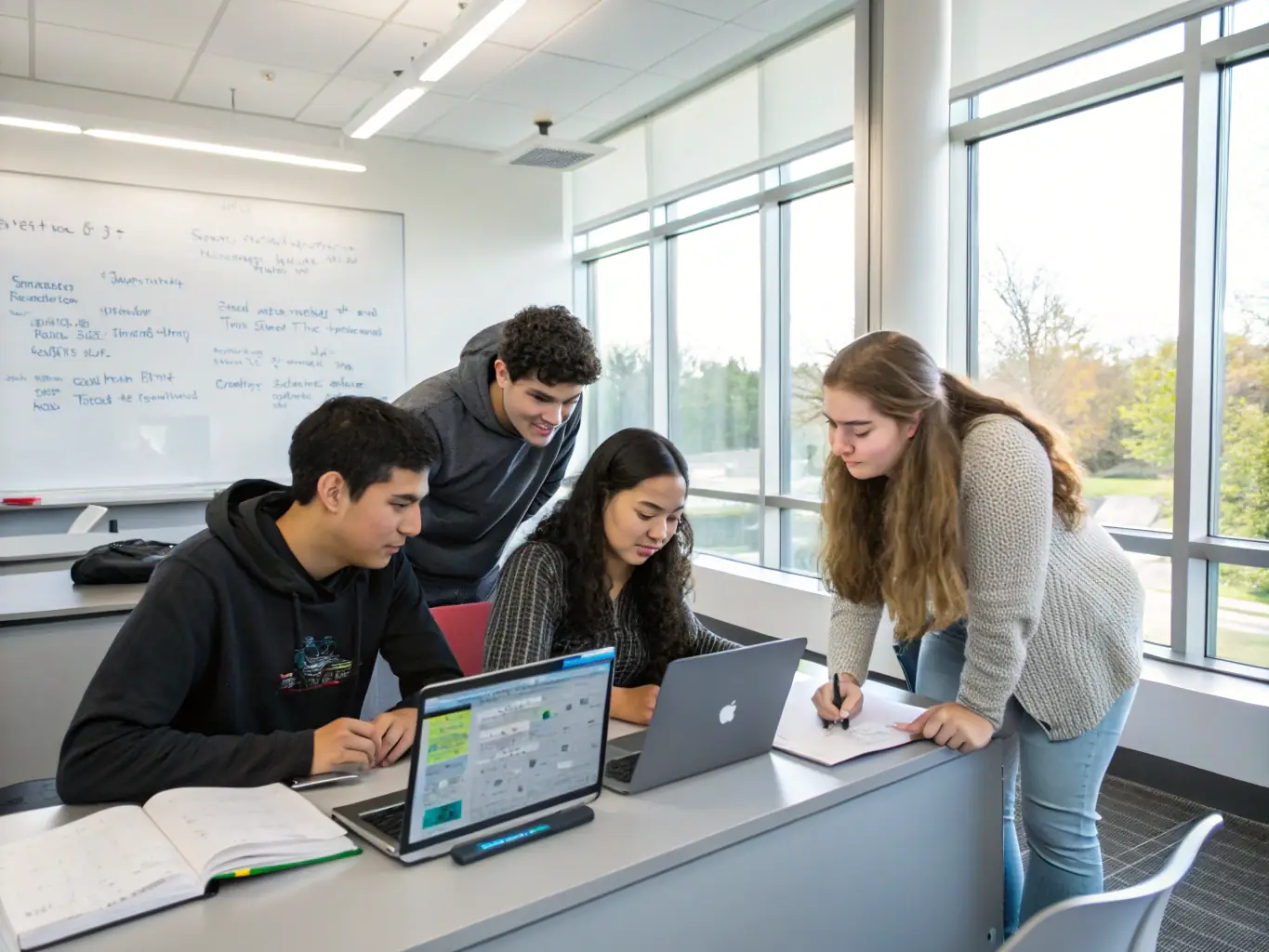 A group of students collaborating on a software engineering project, using version control and discussing code architecture at Codecamp UK.